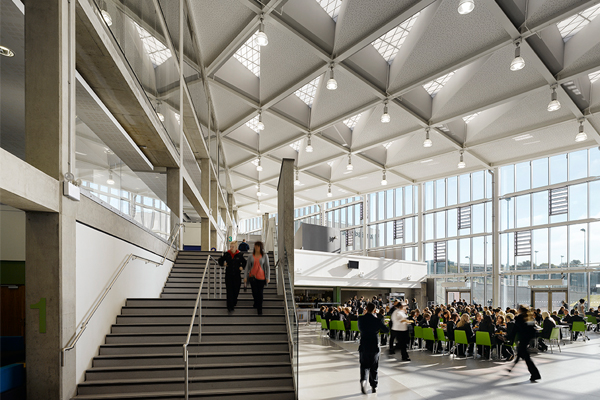 A skyroof brightens the lobby at a community academy in England.