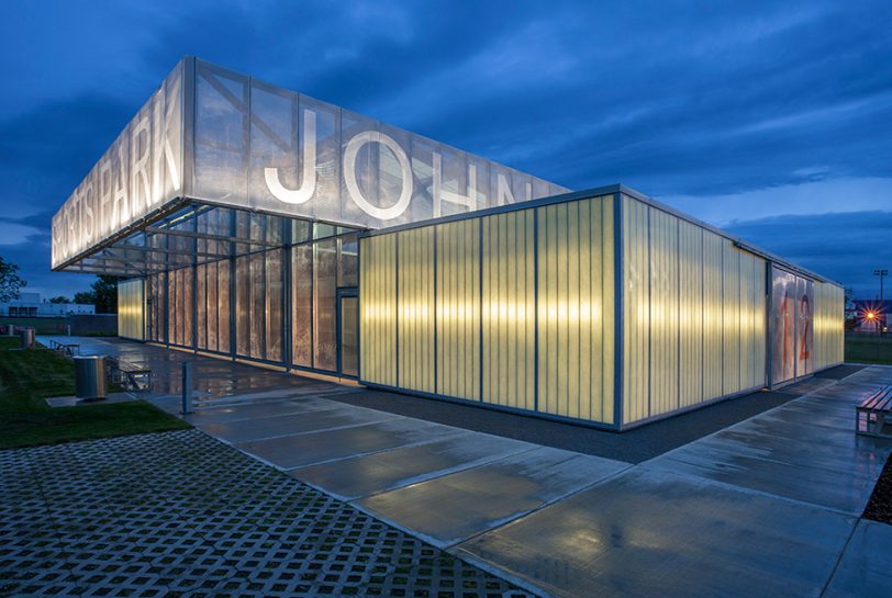 John Fry Sports Park Pavilion exterior at night