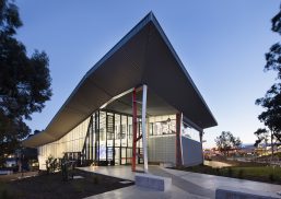 Centre for Advanced Design + Training exterior featuring a geometric roof and curtain wall system of FRP panels from Kalwall