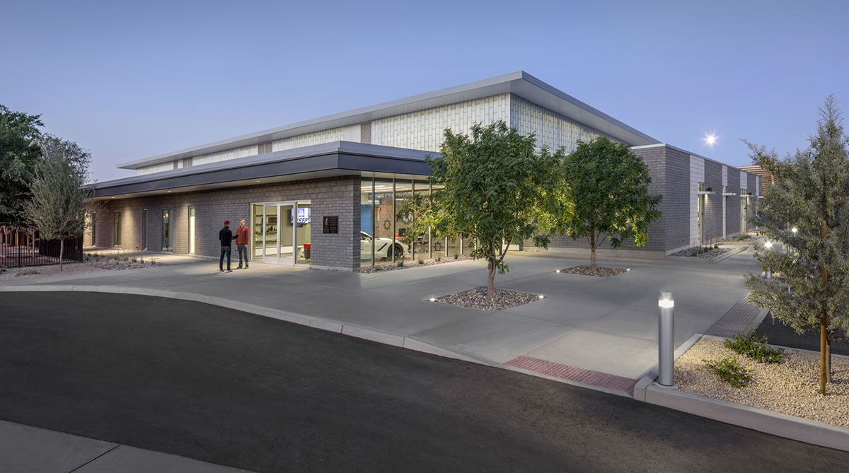 Exterior of Glendale Community College Automotive Technology building featuring Kalwall wall panel facades with FRP panels