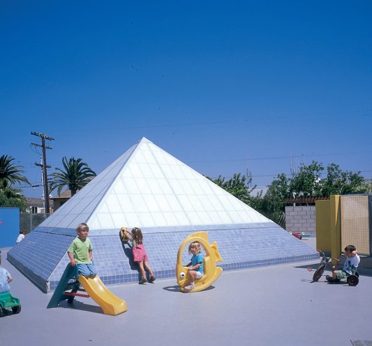 Exterior view of Kalwall skylight at La Marina Preschool surrounded by children playing on various toys