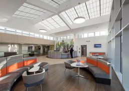 Bright, modern healthcare facility interior featuring ample natural light from clerestory windows and skylights, promoting visual comfort and wellness, with seating areas and a reception desk.