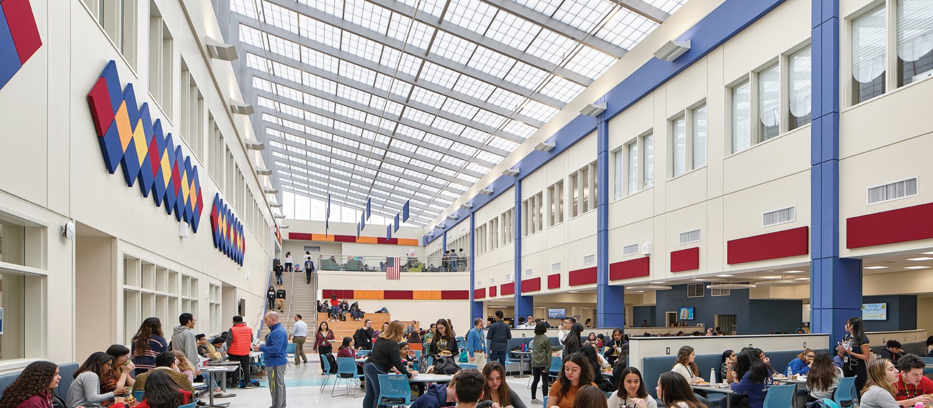 Kalwall skyroof® over students in cafeteria at Hudson County Tech High School in Secaucus, New Jersey