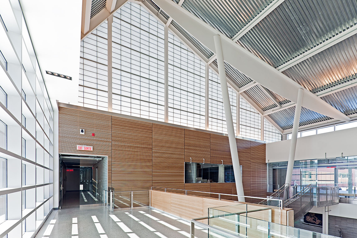 CANMET Laboratory interior featuring sloped aluminum ceiling with Kalwall translucent wall system and wooden wall panels