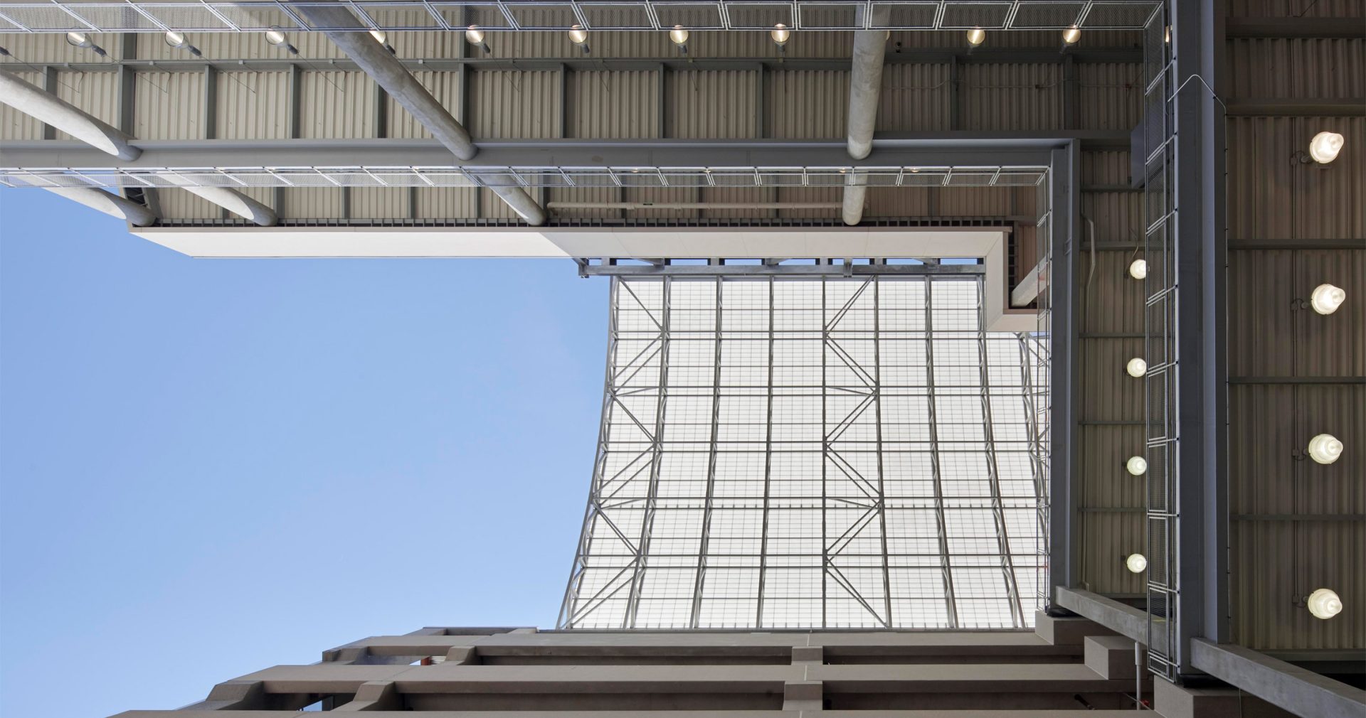 Massive East River Plaza translucent canopy by Kalwall featuring FRP panels being looked at from below