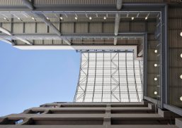 Massive East River Plaza translucent canopy by Kalwall featuring FRP panels being looked at from below