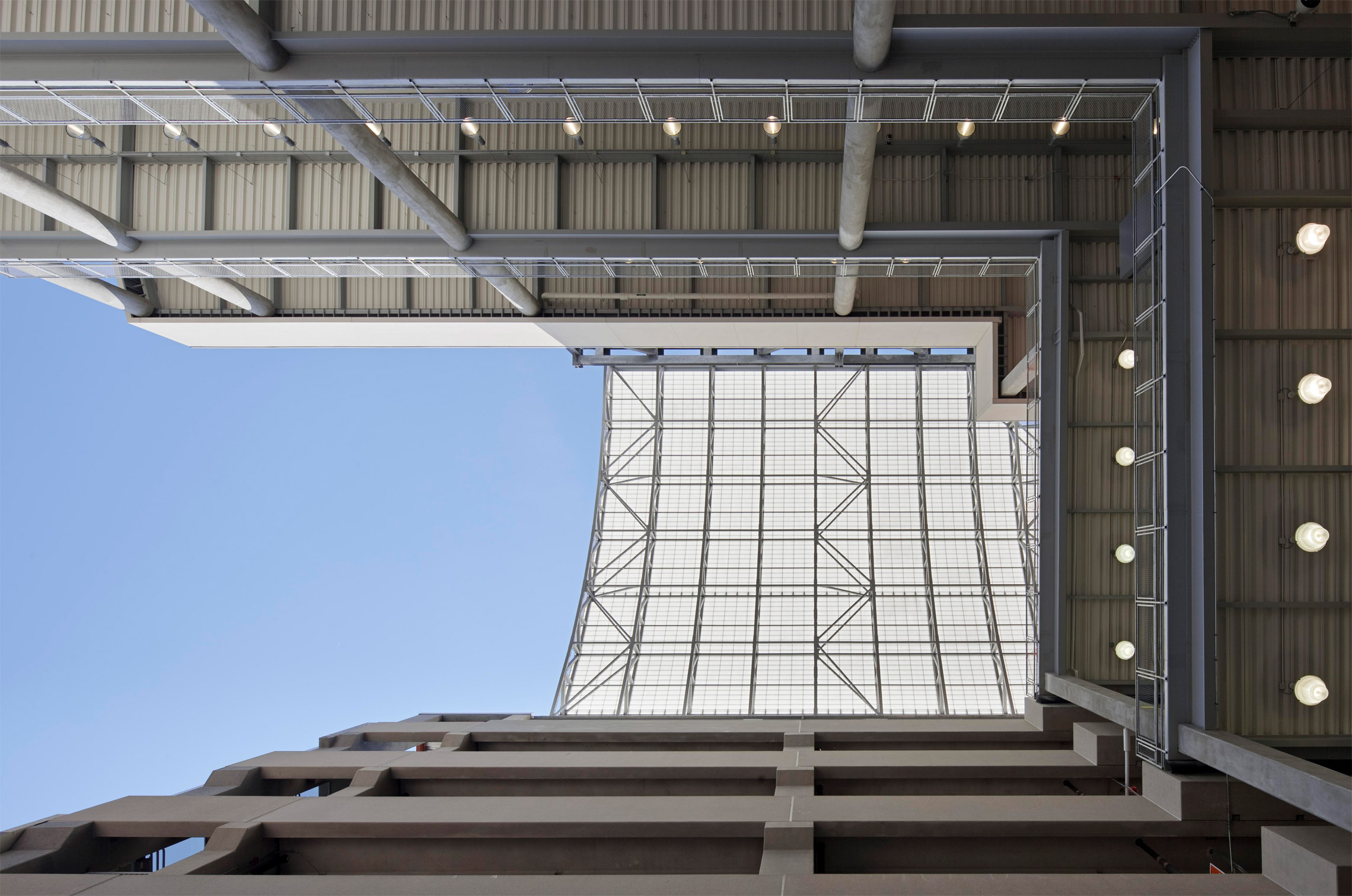 Massive East River Plaza translucent canopy by Kalwall featuring FRP panels being looked at from below
