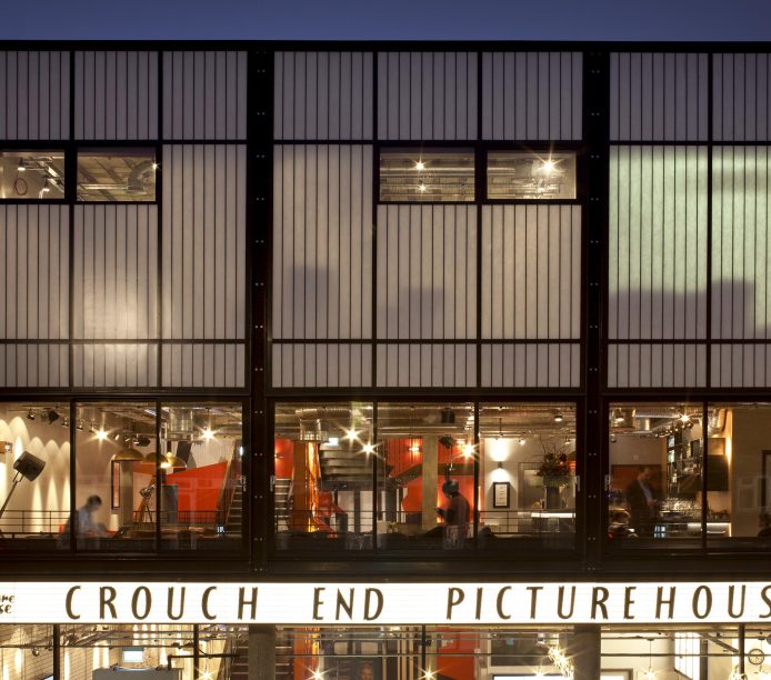 Kalwall facade on Crouch End Picturehouse in London, United Kingdom, lit up at nighttime