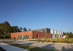 Cape Fear Community College exterior with translucent Kalwall FRP panels as part of wall system on side of brick building