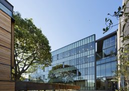 Yale Sculpture Building exterior during daytime featuring Kalwall unitized curtain wall system with glass and windows