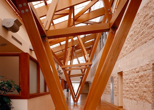 Building interior featuring intricate wood plank detailing with Kalwall skyroof® system overhead