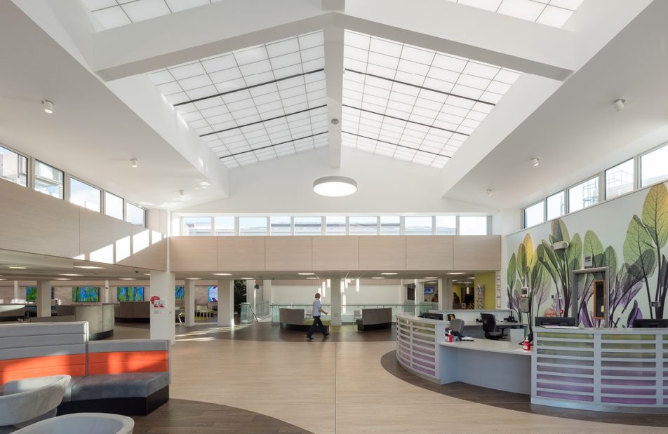Benenden Hospital atrium and lounge area featuring skylights with Kalwall translucent sandwich panels