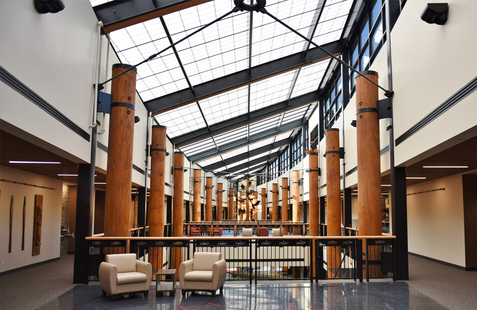 Specialty skyroof® application from Kalwall in building with an open look and wooden columns