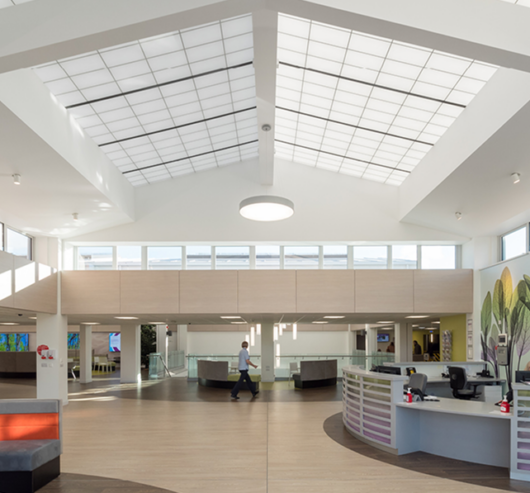 Benenden Hospital atrium and lounge area featuring skylights with Kalwall translucent sandwich panels and fiberglass reinforced panels