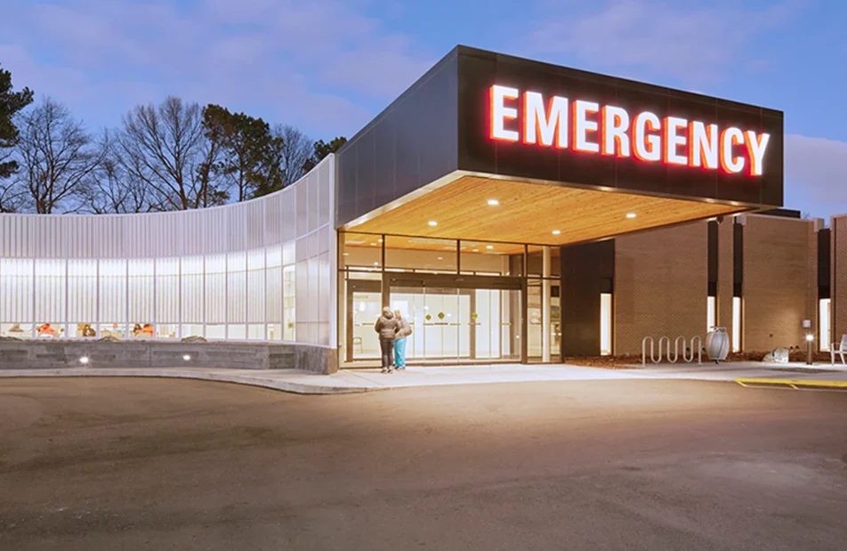Kalwall translucent panels on hospital emergency entrance demonstrating Class-A fire ratings and structural integrity.