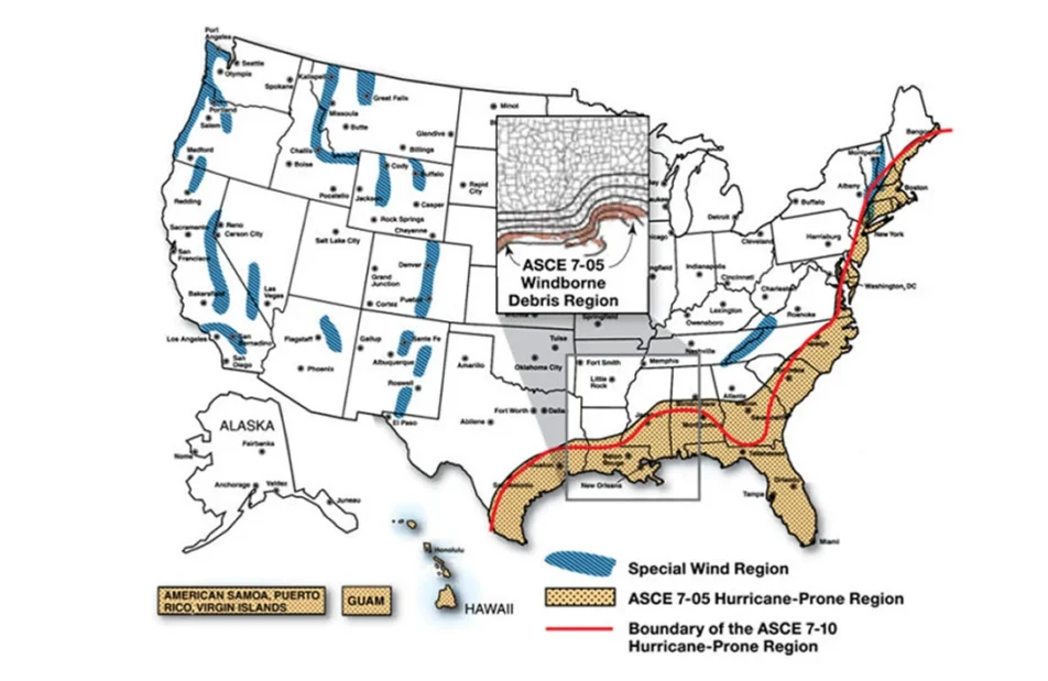 Image of ASCE 7-05 Windborne Debris Region in United States of America and territories